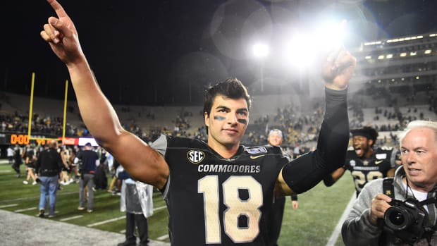 Vanderbilt Commodores quarterback Mo Hasan (18) celebrates after a win against the Missouri Tigers at Vanderbilt Stadium. 